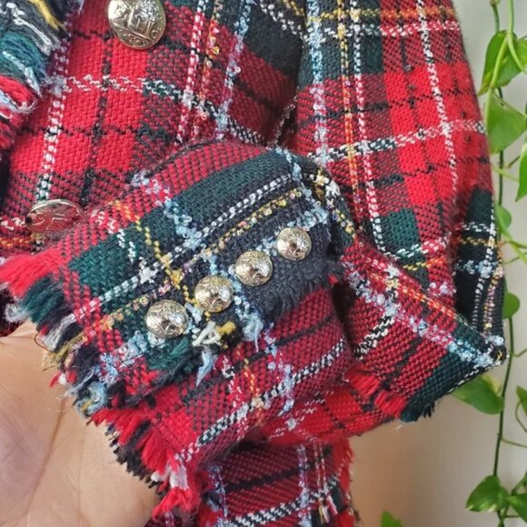ZARA | Plaid Tweed Red Checkered Frayed Hem Collared Blazer (Size XS) - Picture 4 of 10